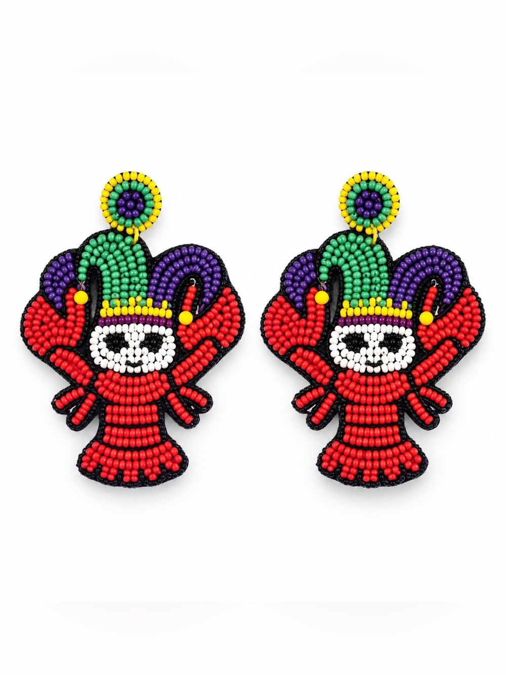 Red Crawfish Green Yellow Purple Mardi Gras Mask Lobster Seed Bead 3" Earrings